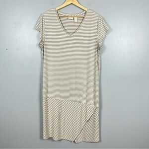 Chico’s beige and white striped shift style v-neck t-shirt dress, large.
